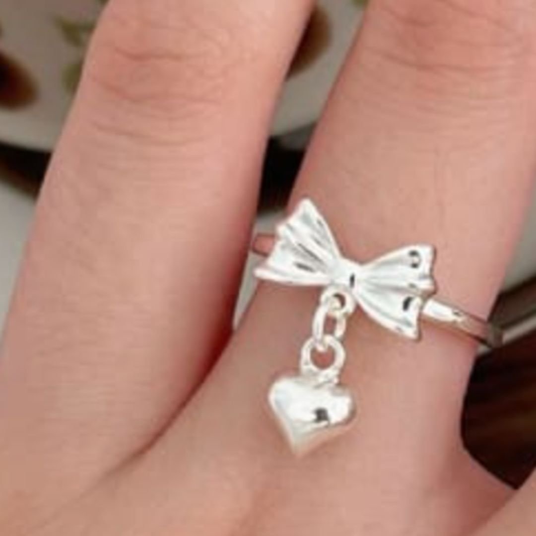 Heart Bowknot Silver Adjustable Ring