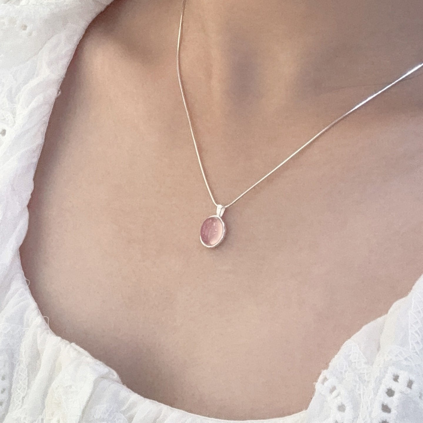 Silver Pink Oval Pendant