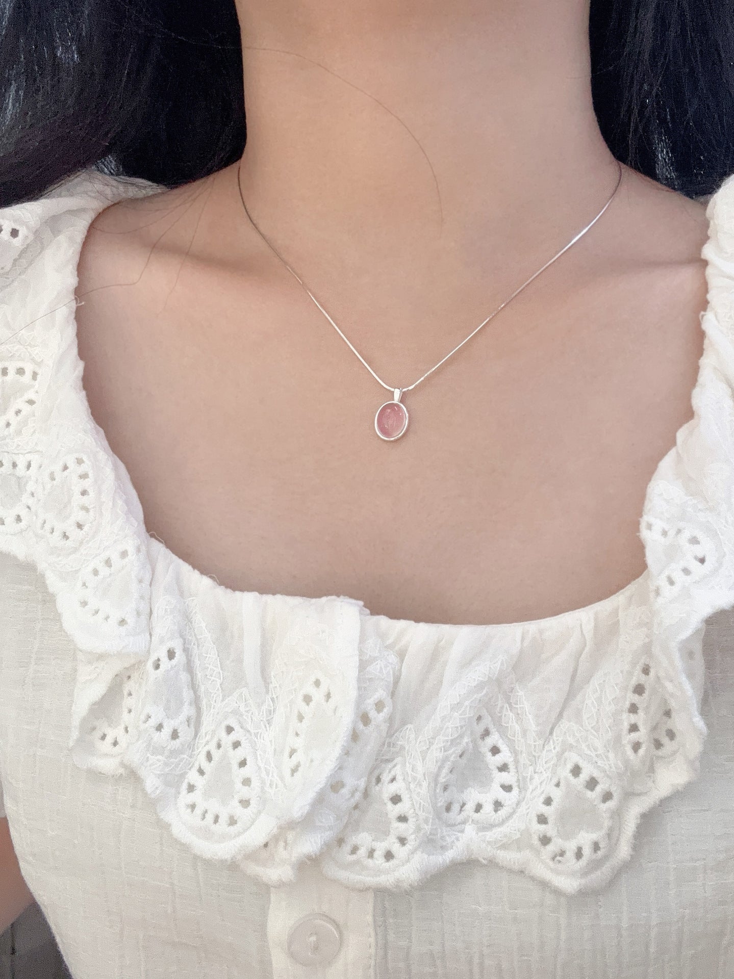 Silver Pink Oval Pendant