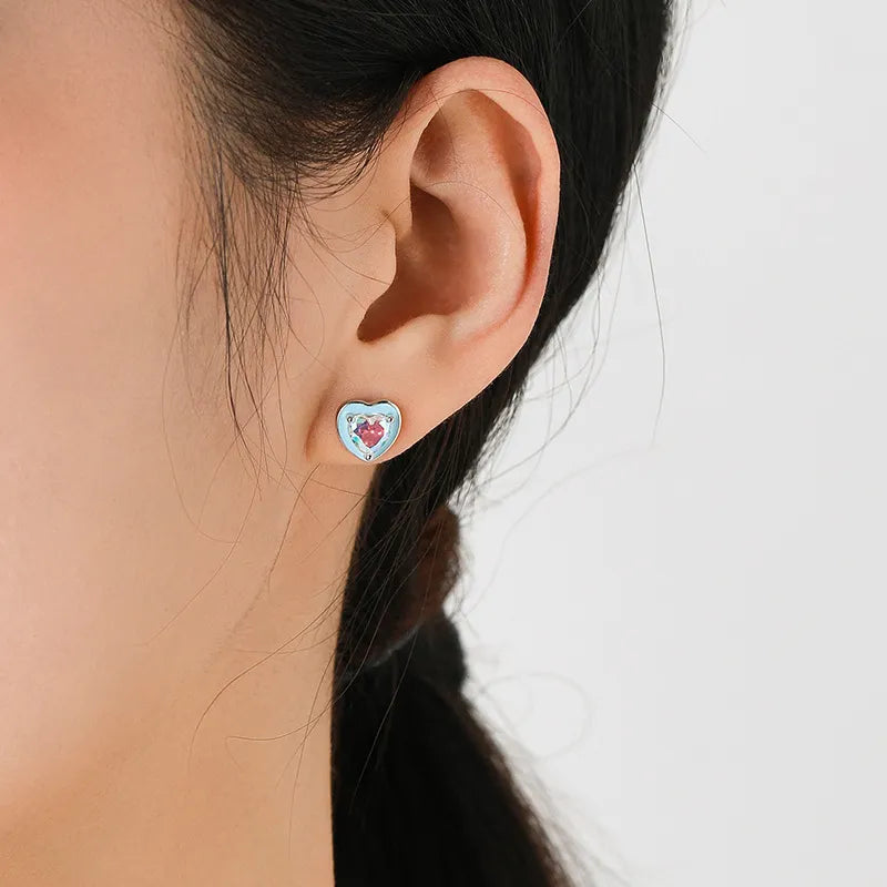 Blue Zircon Heart Ear Studs