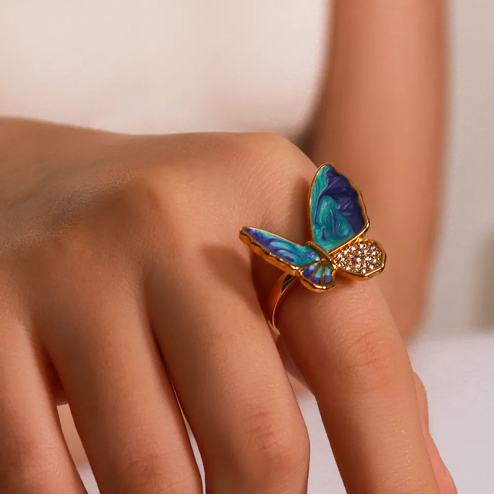 Inlay Butterfly Turquoise Ring Zircon Enamel Butterfly Ring – Lush