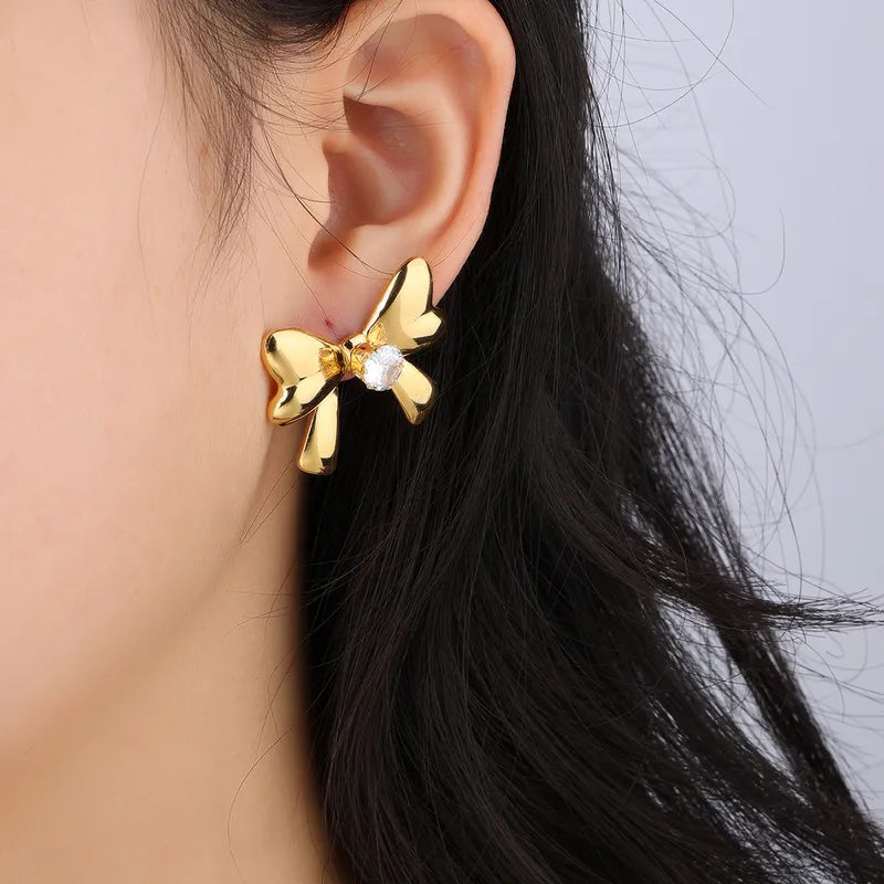 Gold Bow Zircon Earrings