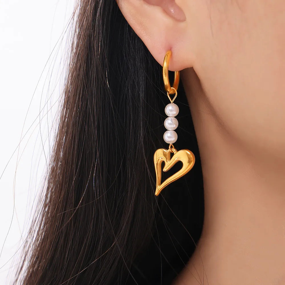 Gold Heart Pearl Drop Earrings