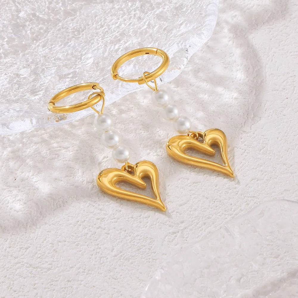 Gold Heart Pearl Drop Earrings