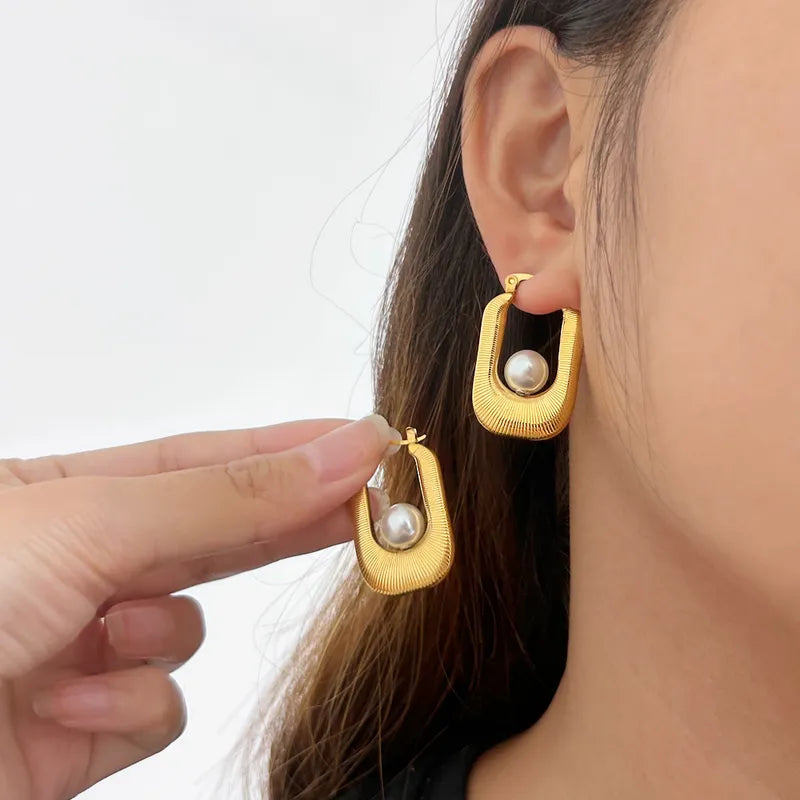 Gold Pearl Square Hoops