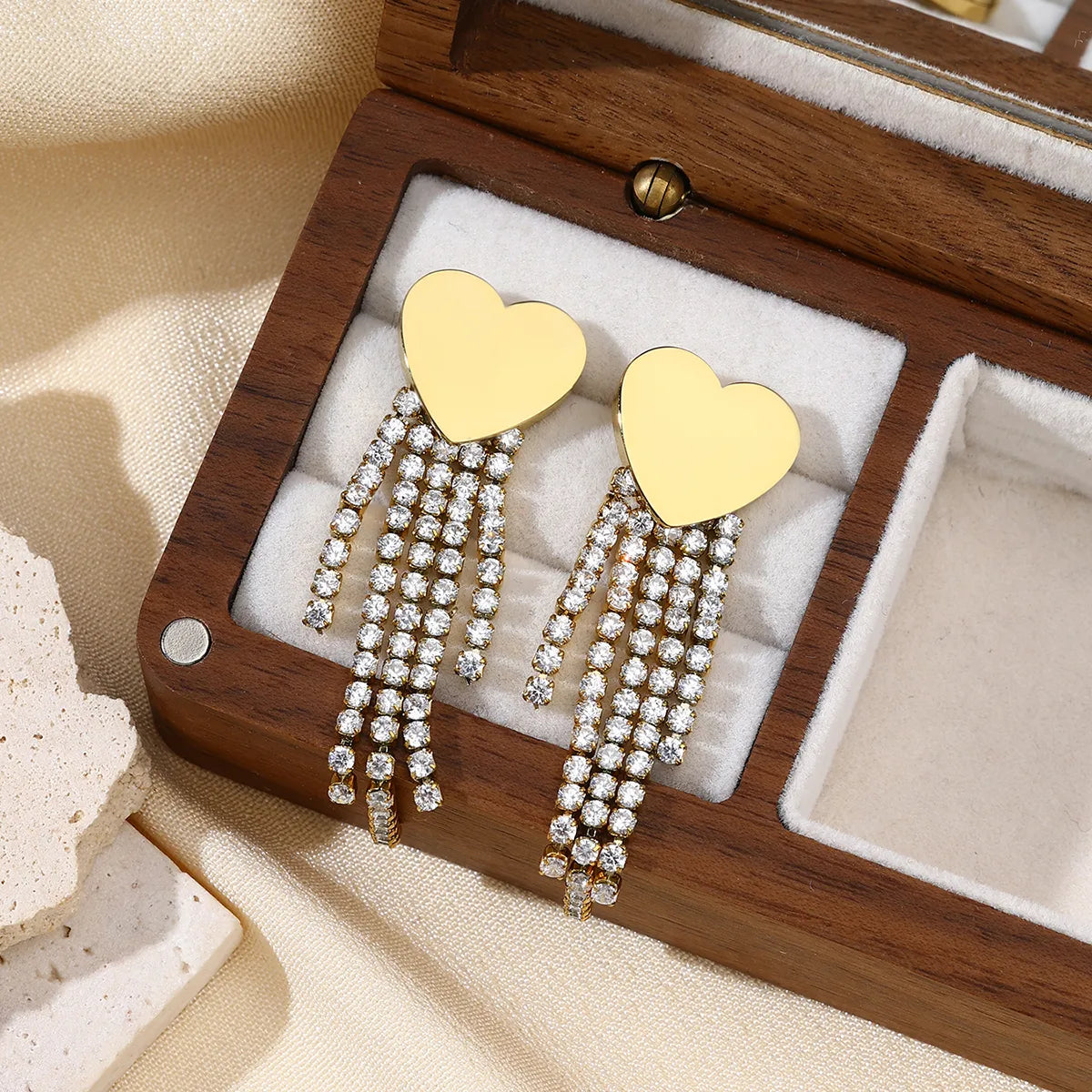 Heart Rhinestone Tassel Earrings