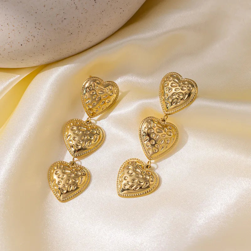 Gold Tri-Heart Earrings