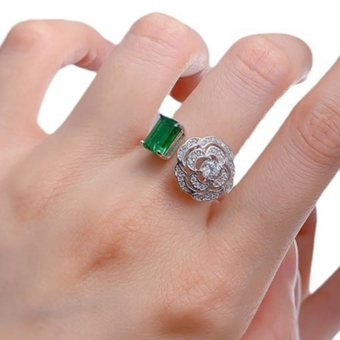 Green CZ Flower Adjustable Ring