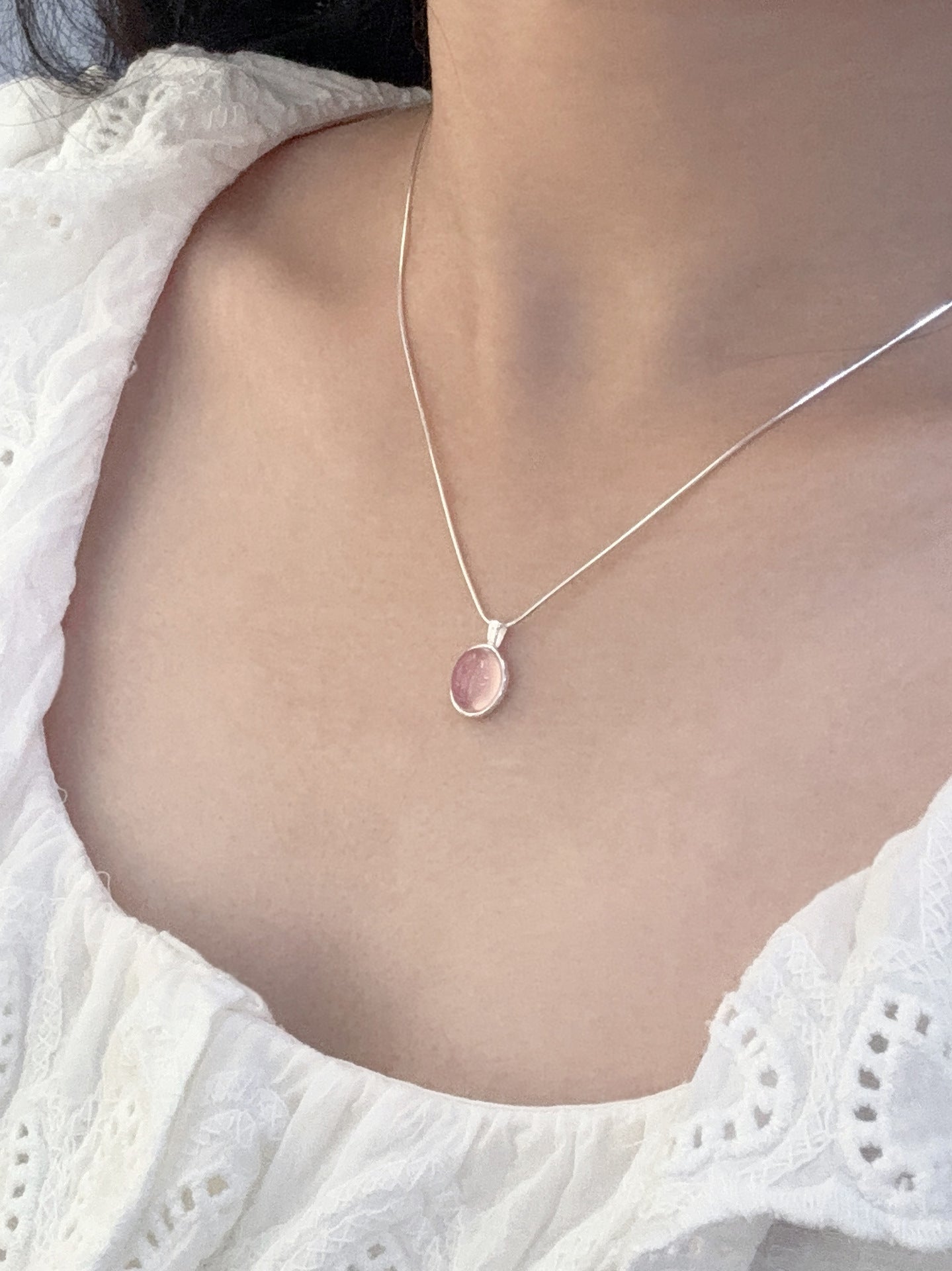 Silver Pink Oval Pendant