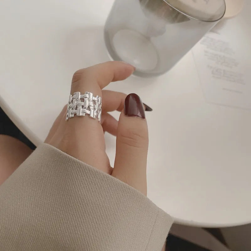 Silver Geometric Mesh Ring