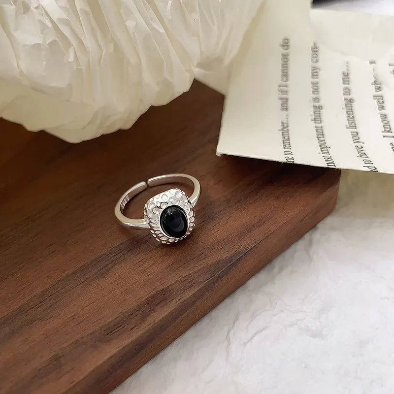 Silver Black Stone Geometric Ring