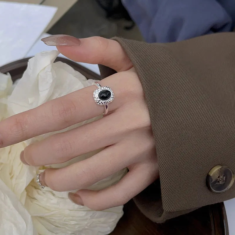 Silver Black Stone Geometric Ring