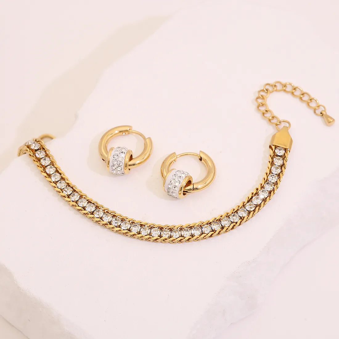 Gold Round Zircon Bracelet & Hoops Set