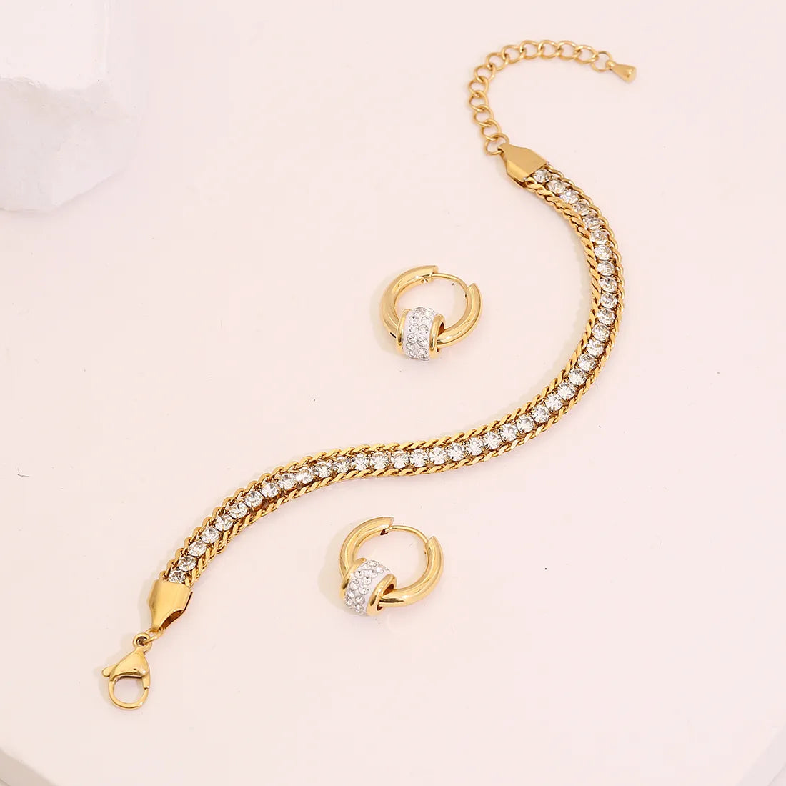 Gold Round Zircon Bracelet & Hoops Set