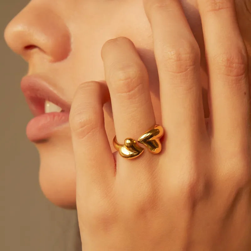 Gold Retro Heart Duo Ring